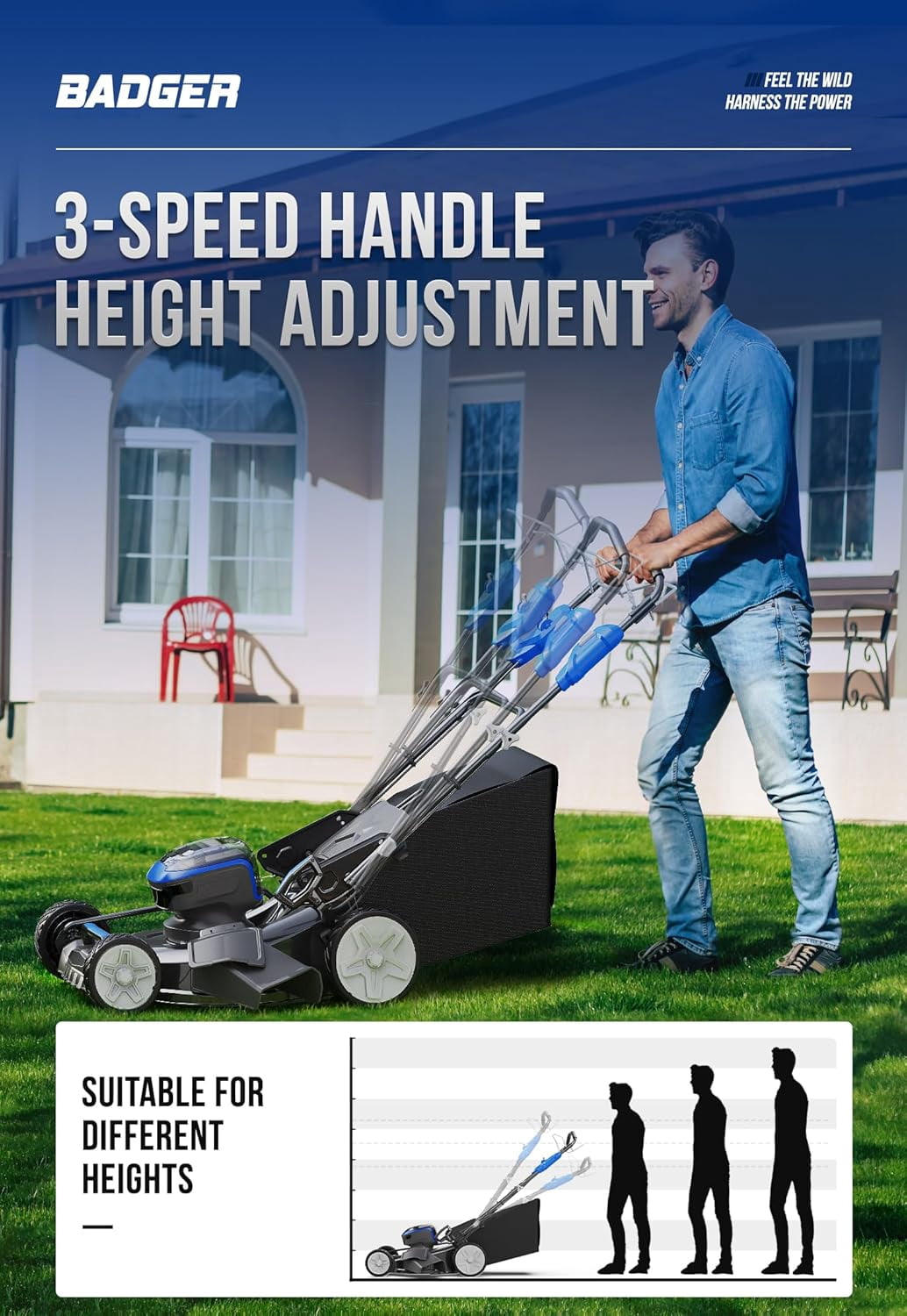 Wild Badger Power 40V 21″ Cordless Lawn Mower Brushless, 3,200 sq ft/0.073 ac, 2×4.0Ah Batteries & Fast Charger, 7-Position Heights,for Medium-to-Large Lawns