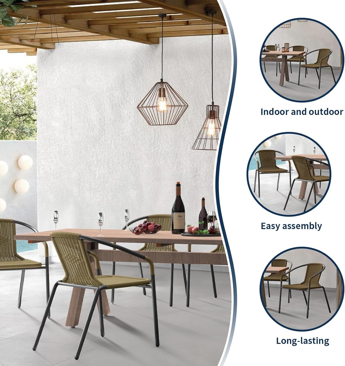 ELPOSUN Outdoor Dining Chairs Set of 4, Wicker Patio Chairs with Metal Frame, Rattan Indoor-Outdoor Chairs for Bistro, Deck, Backyard, Porch, Restaurant Stack Chair 4 Pack （Brown）