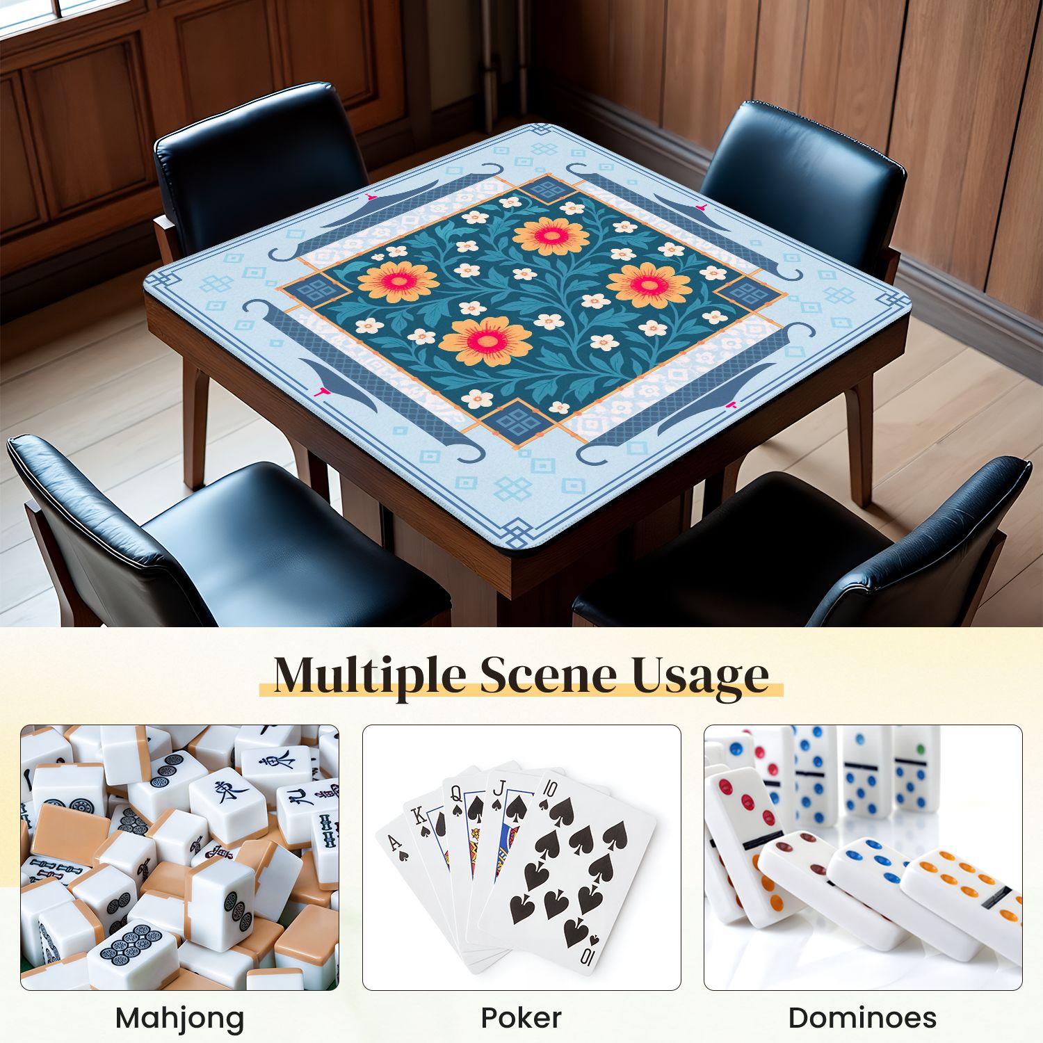 Mahjong Mat 31.5" x 31.5" Floral Yellow Sunflowers White Blossoms Blue Anti-Slip and Noise Reduction Symmetry Design Mahjong Tiles Table Cover for Dominoes Poker Card Board and Tile Games