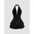 thumbnail image 2 of Black Knit & Woven Patchwork V-Neck Ruffle Backless Mini Dress, Ruched Waist, Elegant Vacation Casual Wear, 2 of 5
