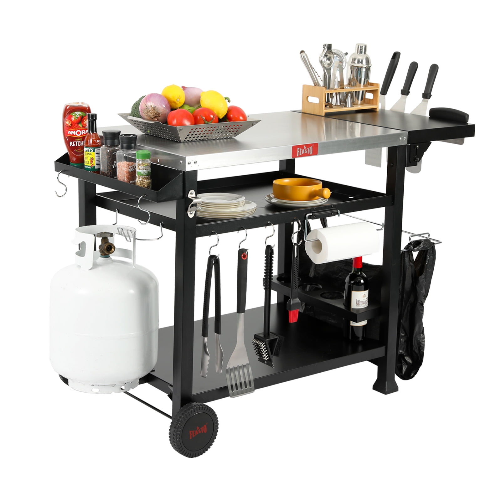 Feasto L50" 3-Tier Rolling Kitchen Cart, Stainless Steel Mobile Food Prep Table for Outdoor & Indoor Use
