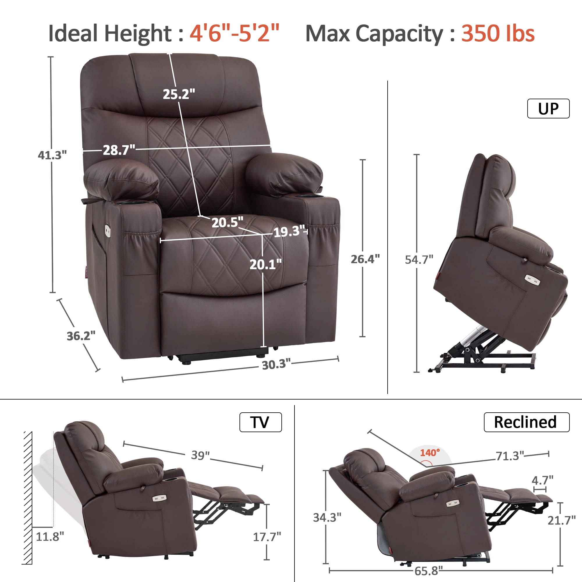 MCombo Small Size Electric Power Lift Recliner Chair Sofa with Massage and Dual Heating, Adjustable Headrest for Elderly People Petite, USB Ports, Extended Footrest, Faux Leather 7111 (Dark Coffee)