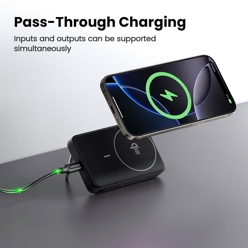 PISEN Wireless Portable Charger, Qi2 15w Wireless Battery Pack 10000mah with 30w PD Fast Charging, With Foldable Stand, Slim Flight-Safe USB C Battery Pack for Smart Phones and Tablets