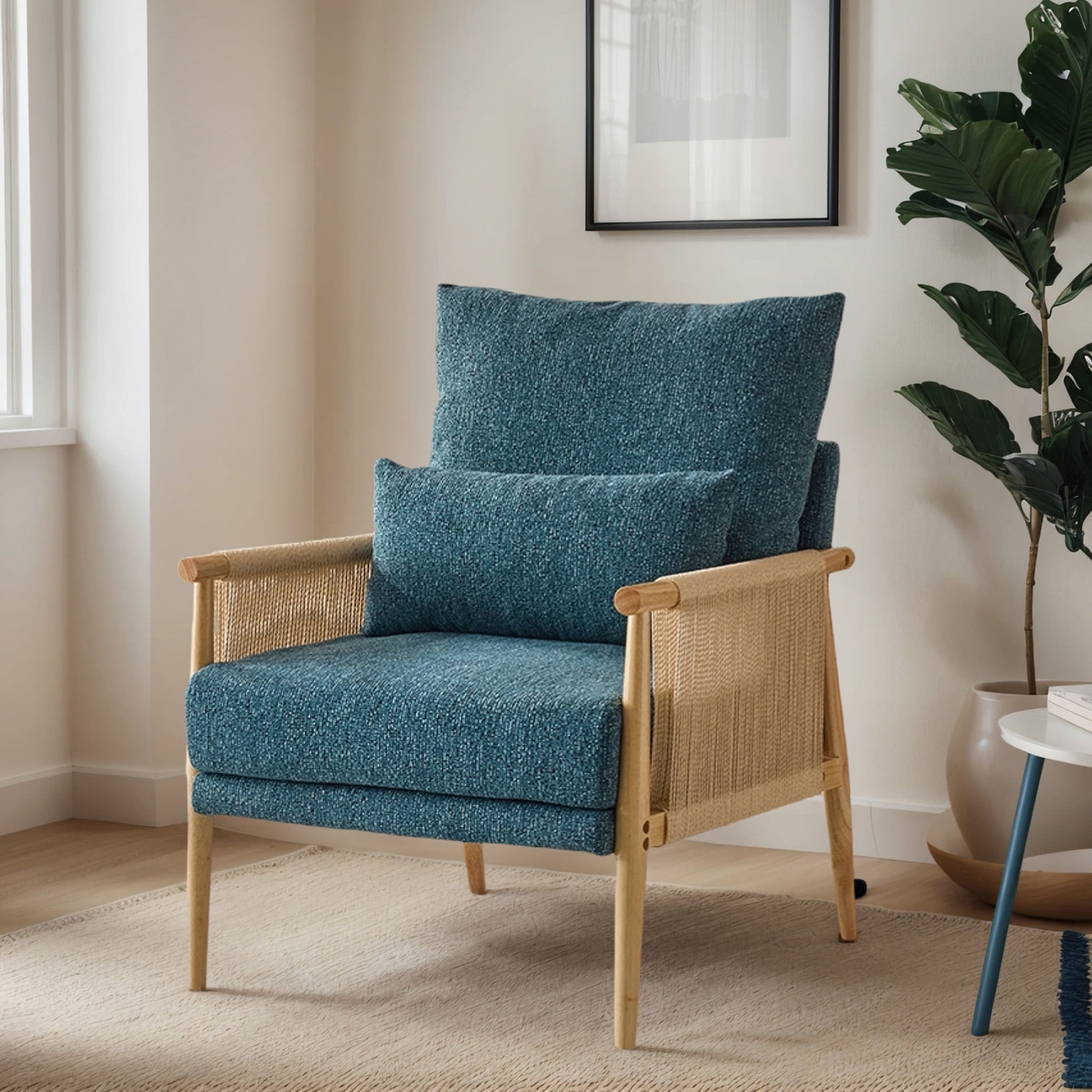 Ktaxon Accent Chair, Solid Wood and Jute Rope Armrests Armchair, Single sofa with Lumbar Pillow for Living Room Bedroom Office Blue-Green