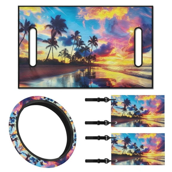 Jeiento 4 PCS Golf Cart Seat Cover with Steering Wheel Cover and Golf Cart Flags Seafront Small Flag for Golf Cart Universal Seat Blanket 13-14 Inch Steering Wheel Covers Club Car Decoration