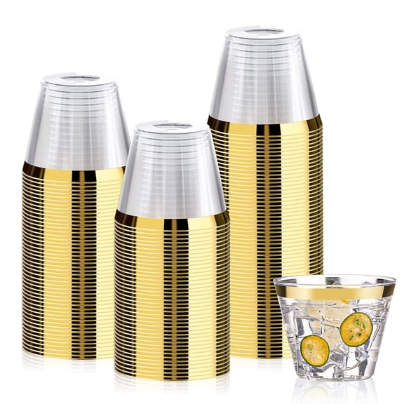 100 Pack 9 oz Gold Plastic Cups, Clear Disposable Cups with Gold Rim, Plastic Cocktail Glasses for Party & Graduation & Wedding
