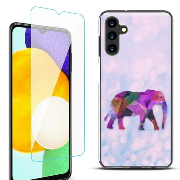 Slim-Fit Protective Fashion Phone Case (Black) for Samsung Galaxy A13 5G, with Tempered Glass Screen Protector, by OneToughShield ® - Elephant /Polygon