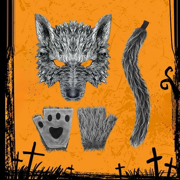 HOARBOEG Werewolf Costume Accessories Kit - Adjustable Gray Cloth Wolf Mask, Tail & Gloves Set for Teens Adults Halloween Dress Up, 4-Piece Set