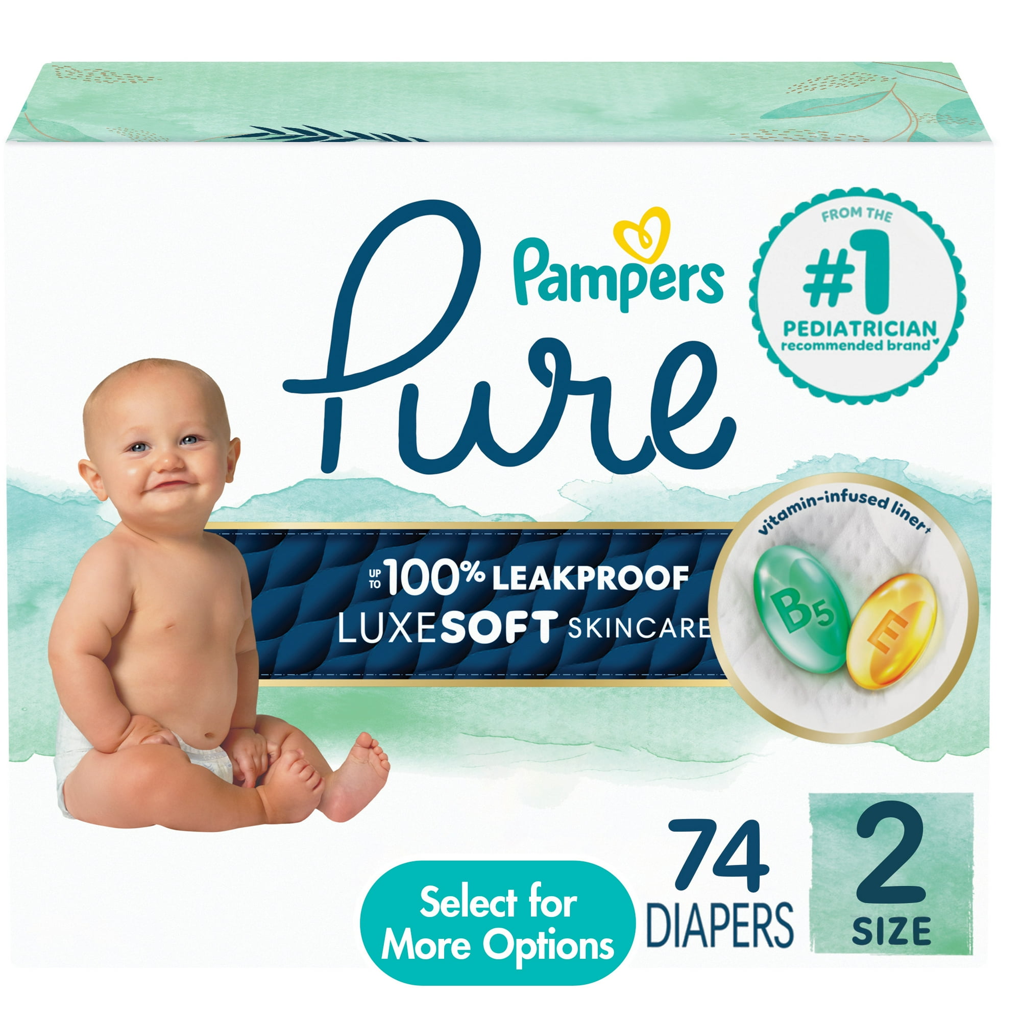 Pampers Pure Baby Diapers, Size 2 (12-18 lbs), 74, up to 100% Leakproof