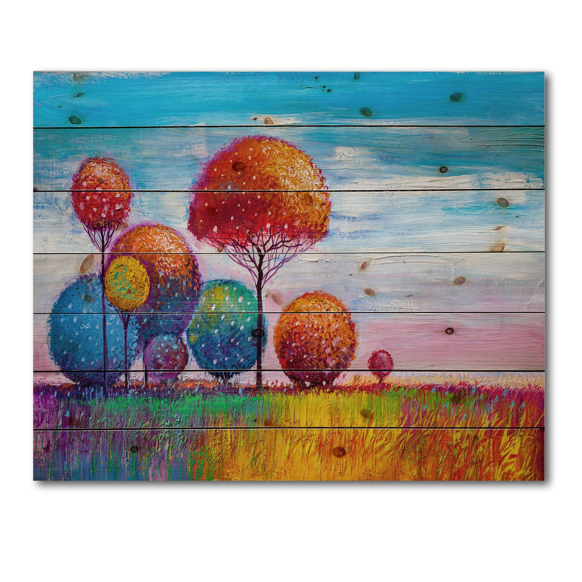 Designart 'Ornamental Colourful Trees IX' Modern Print on Natural Pine Wood