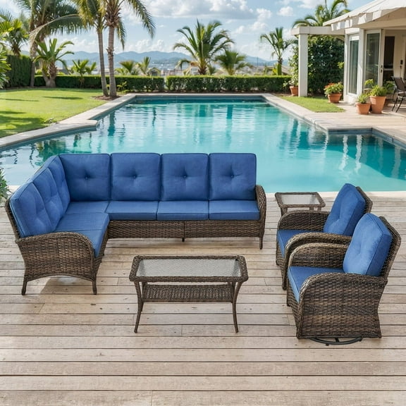 PARKWELL 6-Piece Outdoor Sectional Furniture Set,Patio Wicker L Shaped Couch High Back Conversation Set with Coffee Table Swivel Glider for Garden Yard,Brown Wicker Navy Cushion