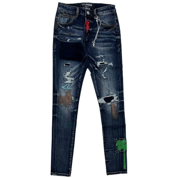 En Noir Men's Embroidered Detail Rip & Repair Distressed Skinny Fit Denim Jeans (28, Deep Indigo)