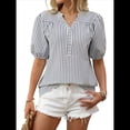 thumbnail image 3 of Blusa de Rayas con Mangas Abullonadas para Mujer, Cuello en V, Corte Holgado, Informal, para Verano, para el Trabajo, Camisa A Rayas Azul Oscuro M, 3 of 9