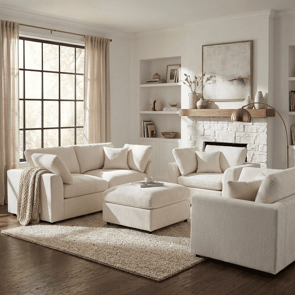 Howcool 4-Piece Modular Sectional Sofa Set,2 Accent Chairs + Loveseat + Movable Ottoman,Chenille Sofa Couch with Solid Wood Frame for Living Room Furniture,Beige