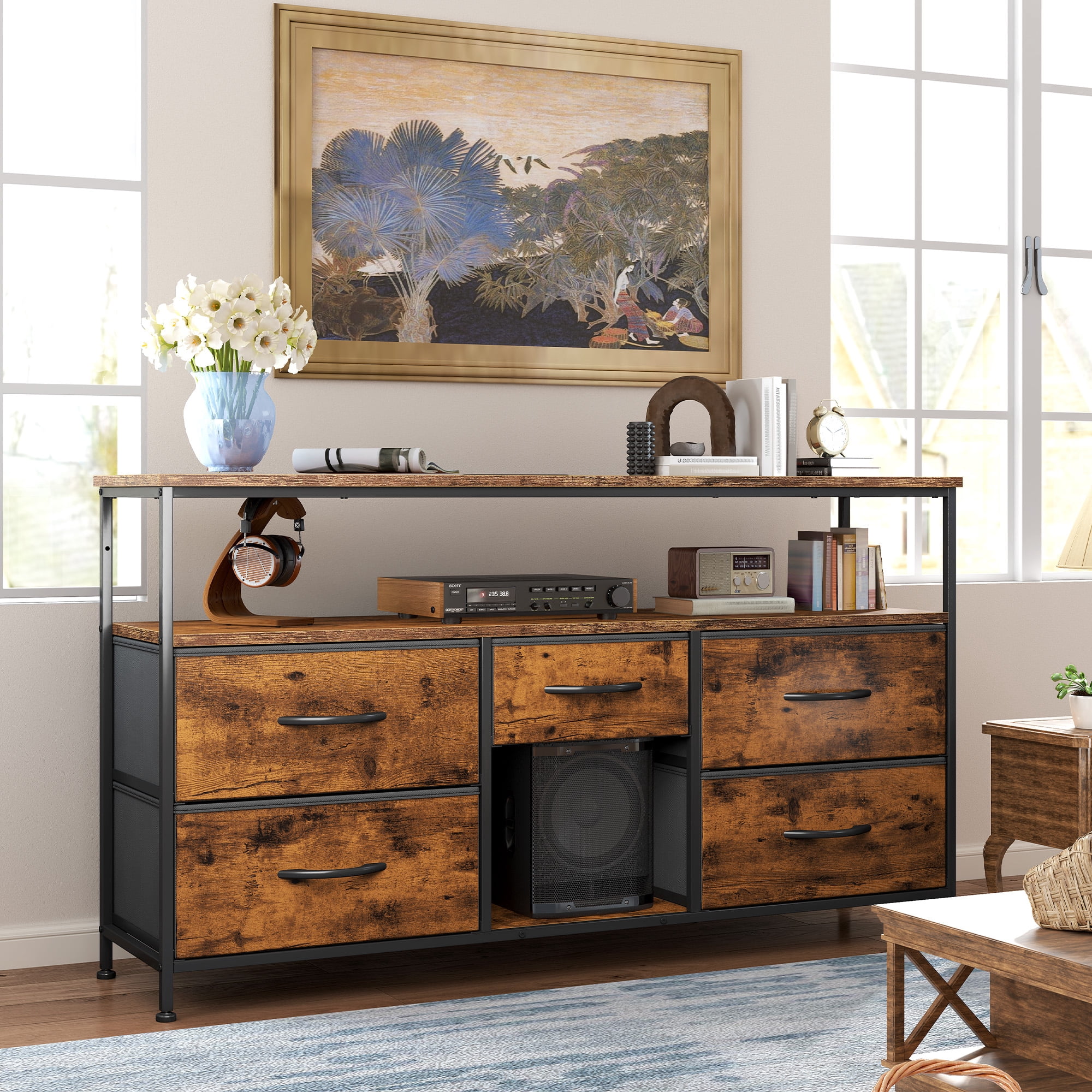 Romorgniz Wide Dresser with 5 Drawers for 50" TV Stand with Power Outlets & LED Lights & Entertainment Center,Dressers for Bedroom with Shelves for Living Room, Sturdy Metal Frame, Rustic Brown