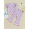 thumbnail image 5 of Musuos Toddler Girls Spring Outfits 1-5T Fly Sleeve Solid Color Rib T-Shirts Tops Elastic Waist Flare Pants 2Pcs Clothes Set, 5 of 10