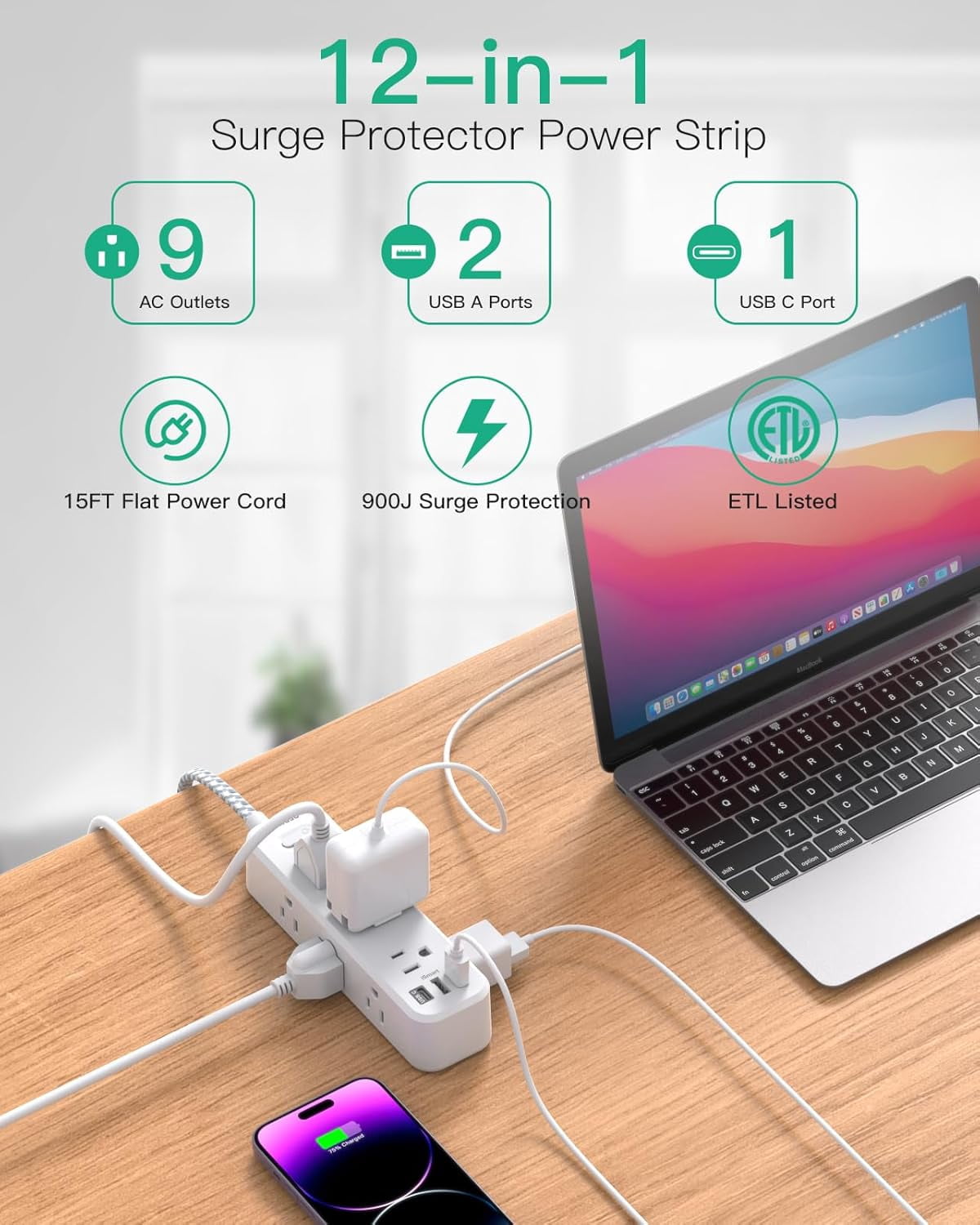 Extension Cord, Sur Protector Power Strip, Long Cord with 9 Outlets 3 USB Ports, Multiple Outlets, Strip for Dorm Room Essentials, Colle(15FT, White)