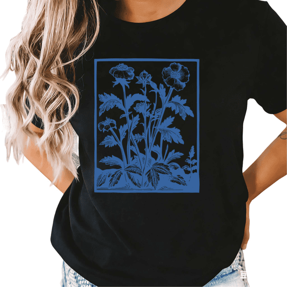 Black Art Nouveau Floral Print Tshirts Flower Lover Gift Graphic Tee S-5XL Tops