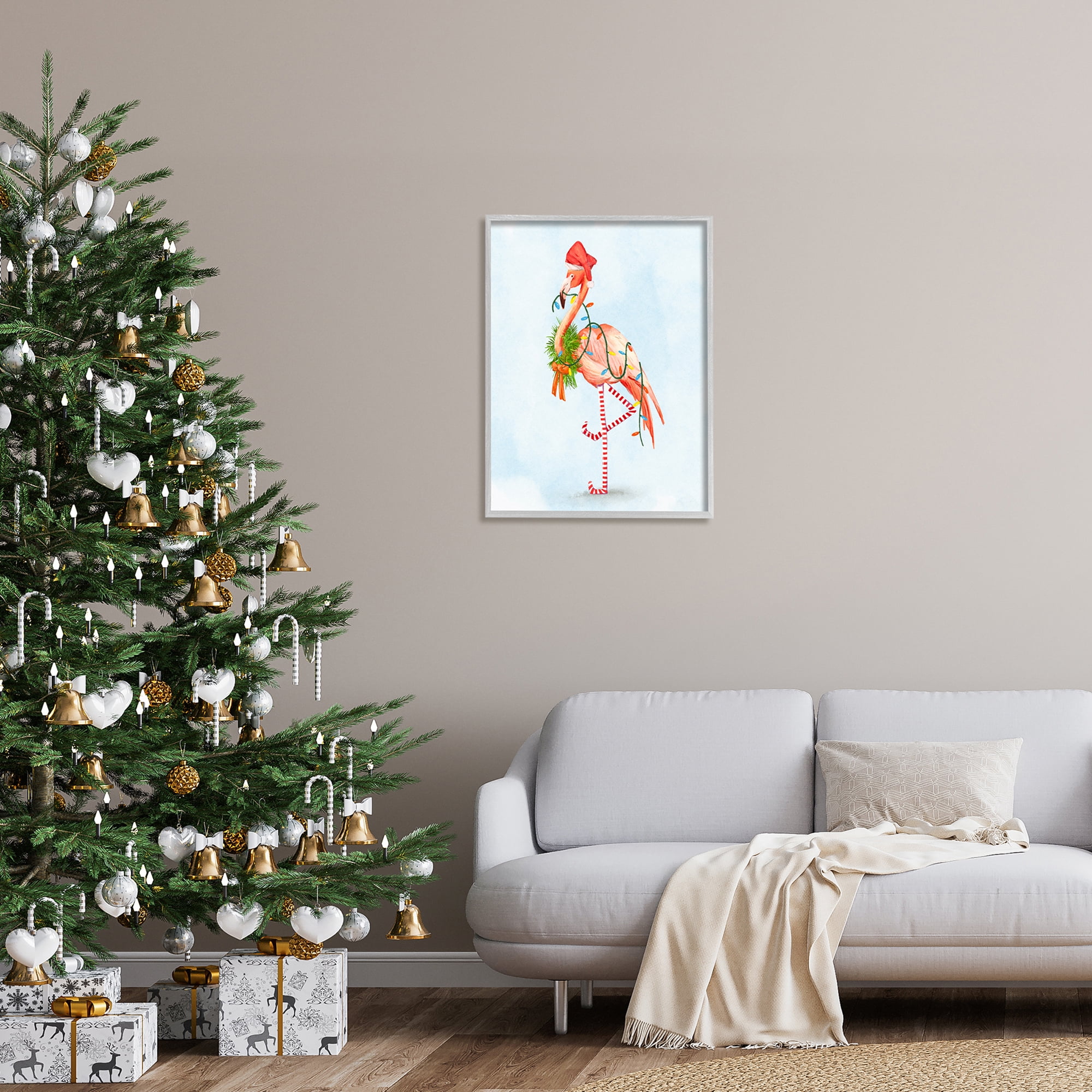Festive Flamingo Christmas Lights Wreath Striped Stockings Coastal Painting Framed Art Print Wall Art