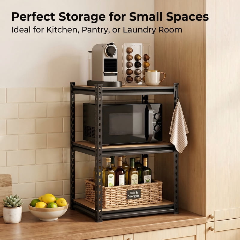 3-Tier Heavy Duty Storage Shelf, Adjustable Metal Shelving Unit with MDF Board, Boltless Tool-Free Assembly Utility Rack for Kitchen, Pantry, Small Spaces, 450 LBS Capacity, Black