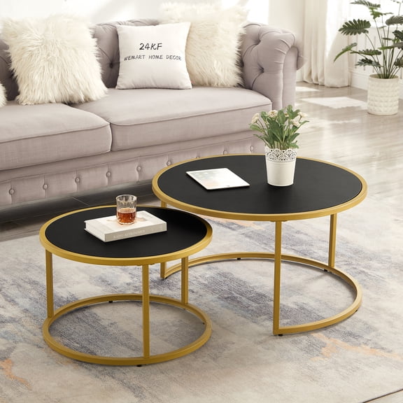 Modern Faux Leather Nesting Round Coffee Table with Golden Metal Base, Space Saving Accent End Tables for Living Room, Set of 2 Tiered Side Tables