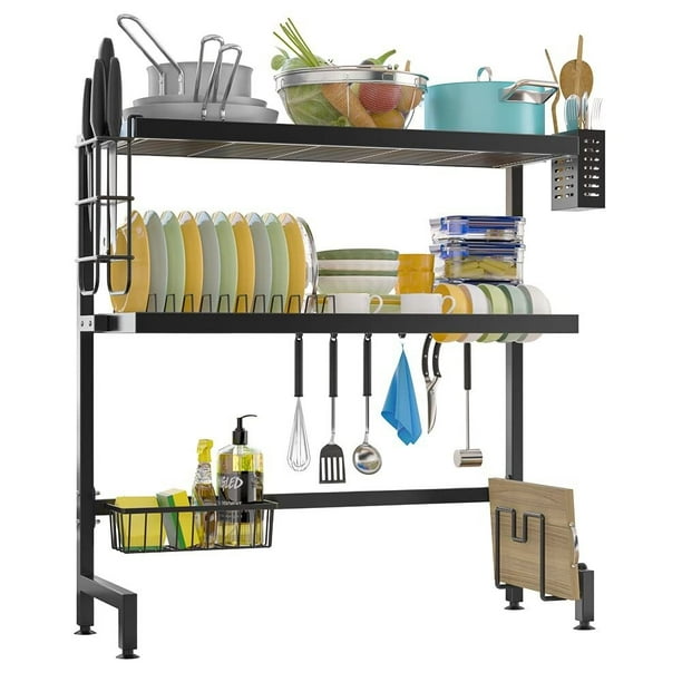 Escurridor de Trastes, Escurreplatos sobre Fregadero,3Niveles Escurridor de Trastes Acero Inoxidable,con Soporte para Cubiertos, Soporte de Esponja y Jabón,Estante de Cuchillos, Longitud 95 cm