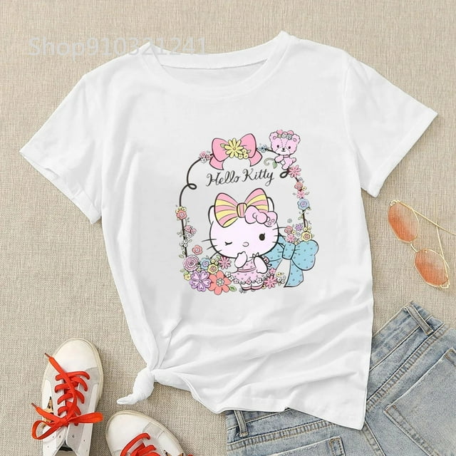 Hello Kitty T-Shirt Femme Été Graphique Kawaii T-shirts Imprimé Mignon Filles T-shirts Décontracté Basique T-Shirt Col Rond Hauts Femme Dropship