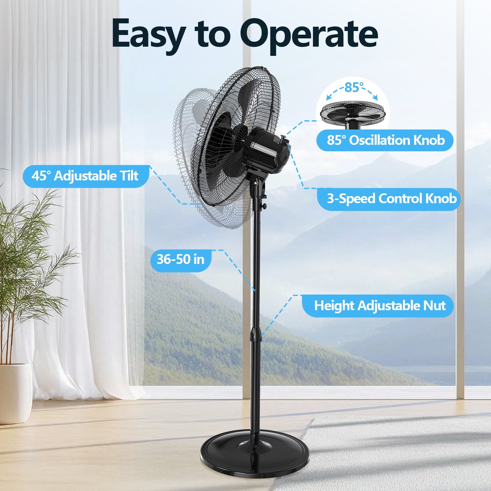 Qunler 18" Standing Oscillating Pedestal Fan, Quiet Rotating Stand up Electric Fan Blow Cold Air for Home Bedroom, Black