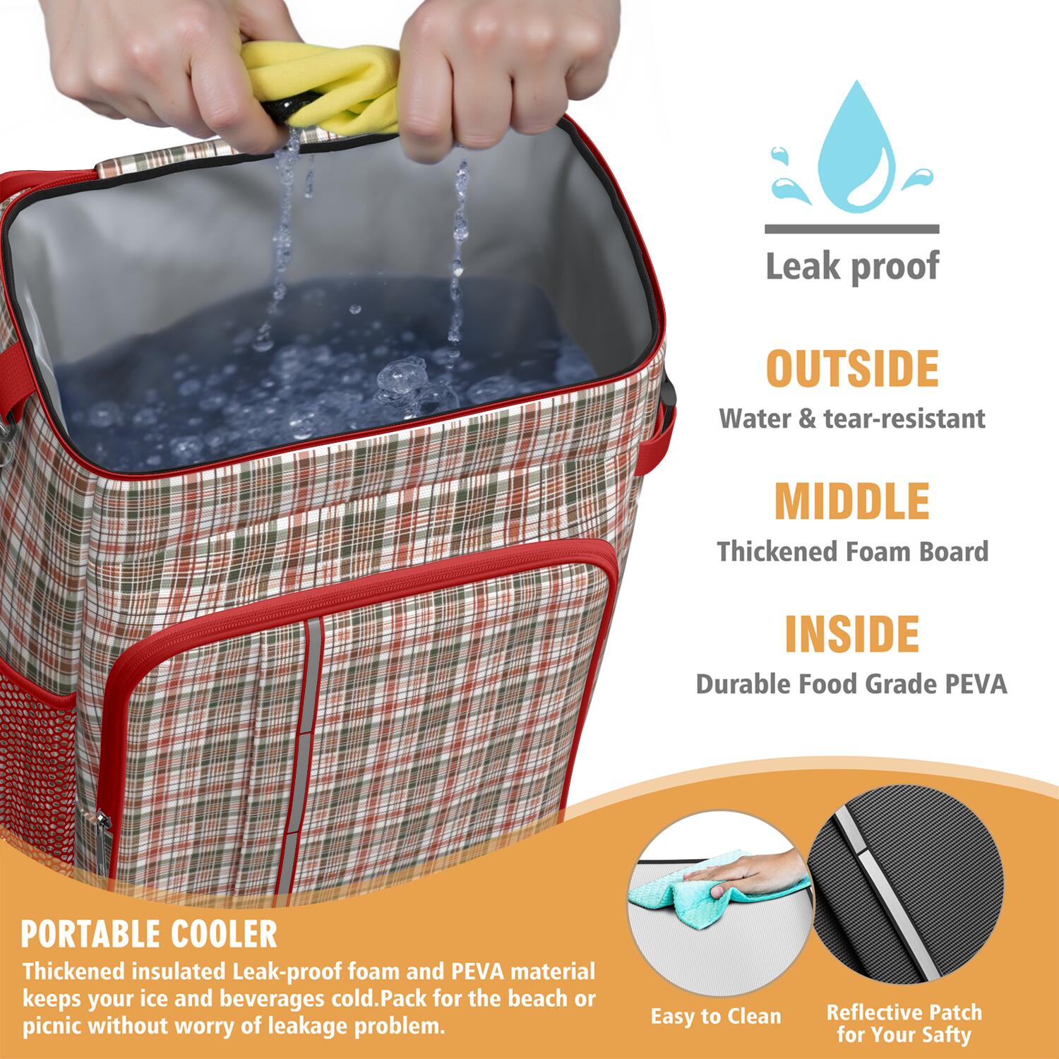 Travel Cooler Bag - Red and Green Plaid Christmas Pattern Camping Beer Cooler Backpack with Bottle Opener- Waterproof Insulated Picnic Backpacks - Cooler Bag for Beach