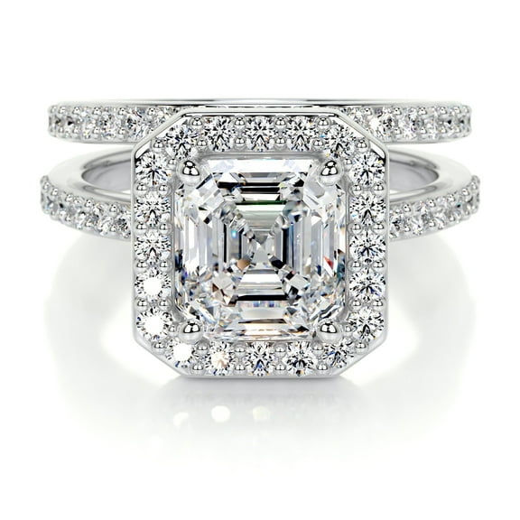 Edge Jewel Asscher Cut Halo Engagement Ring - 2 Ct Lab-Created Simulated Diamond in 14K White Gold Plated - Eternity Band Style - Anniversary Gift Ring for Women