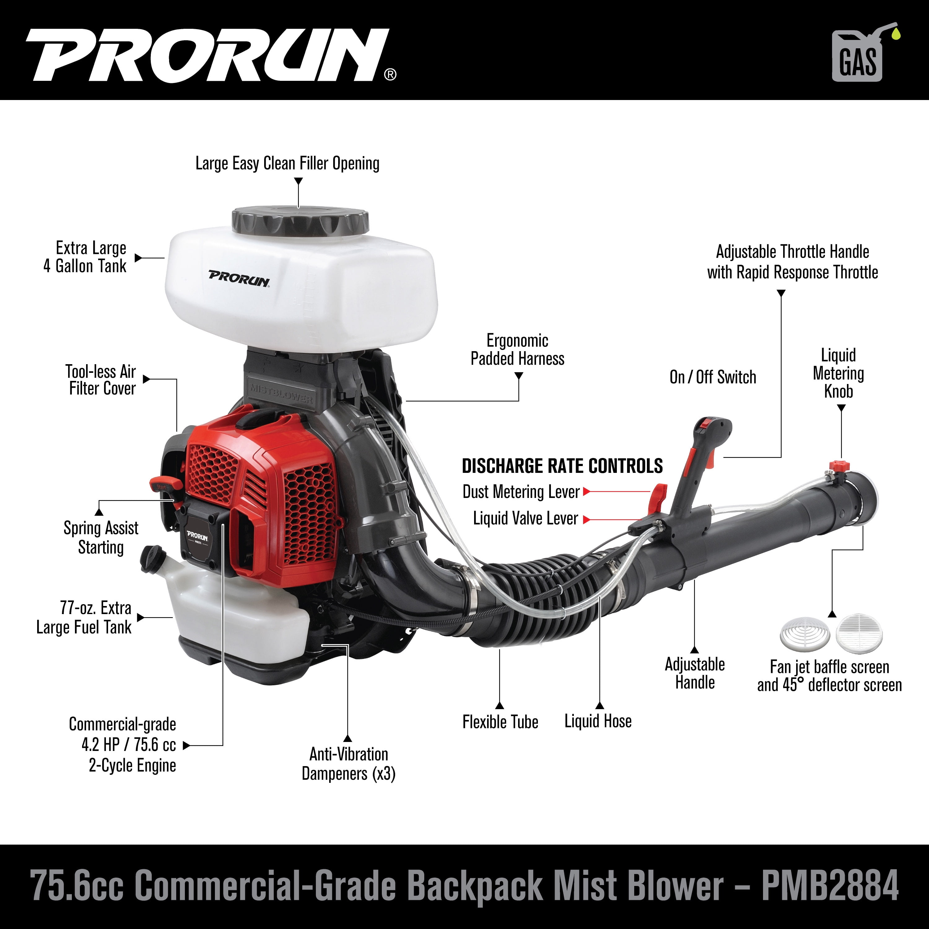 Prorun PMB2884 Backpack Mist Blower, 75.6cc 4.2HP Engine, 4-Gallon Tank, 3-in-1 Sprayer & Duster & Leaf Blower