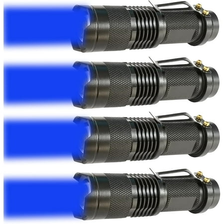 4 Pack One Mode Blue Light Flashlight with Clip Zoomable Blue LED Flashlight Blue Flashlight for Hunting Fishing