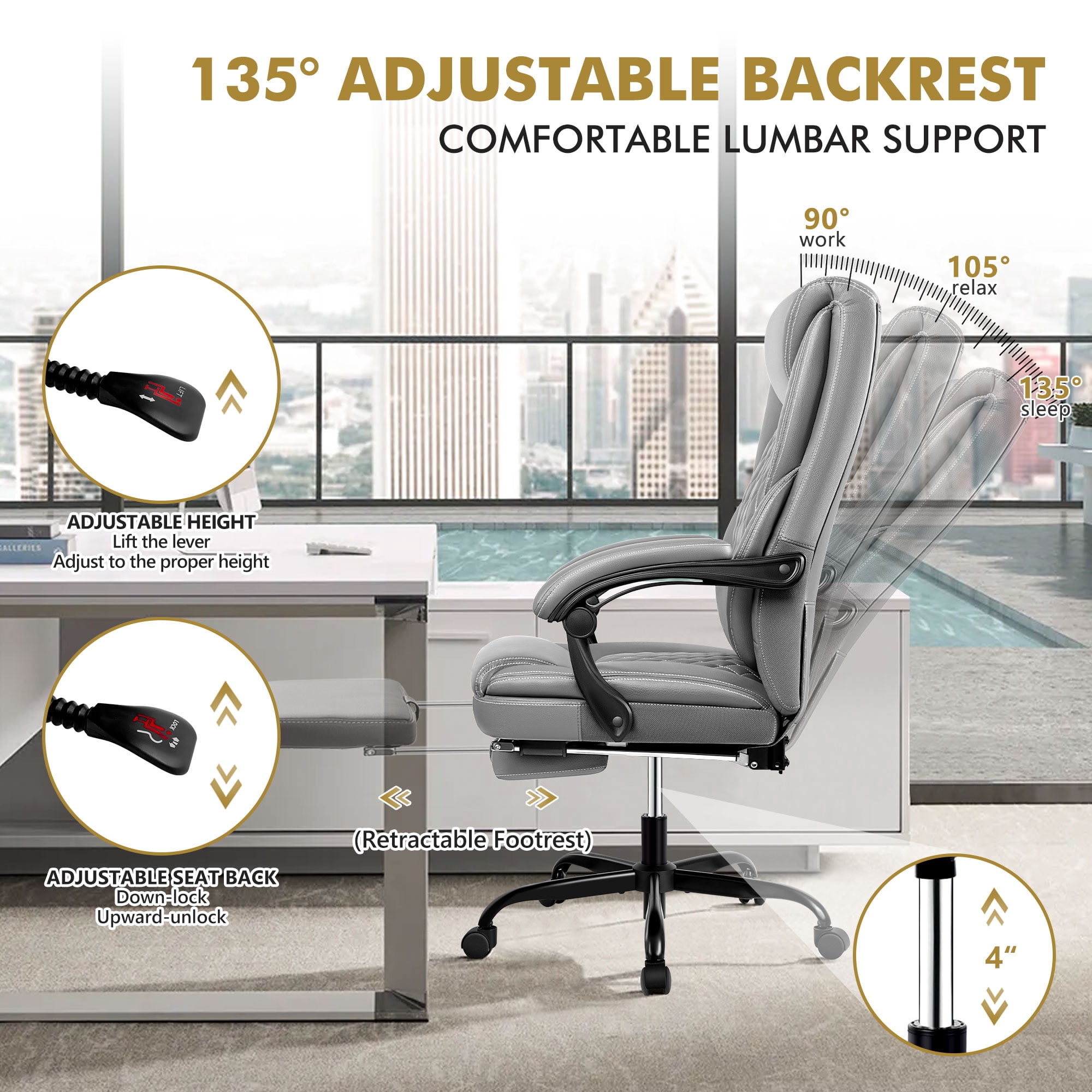 Primy Office Chair with Retractable Footrest, Ergonomic High Back Executive Computer Desk Chair, Big & Tall PU Leather Reclining Chair for Home Office Work