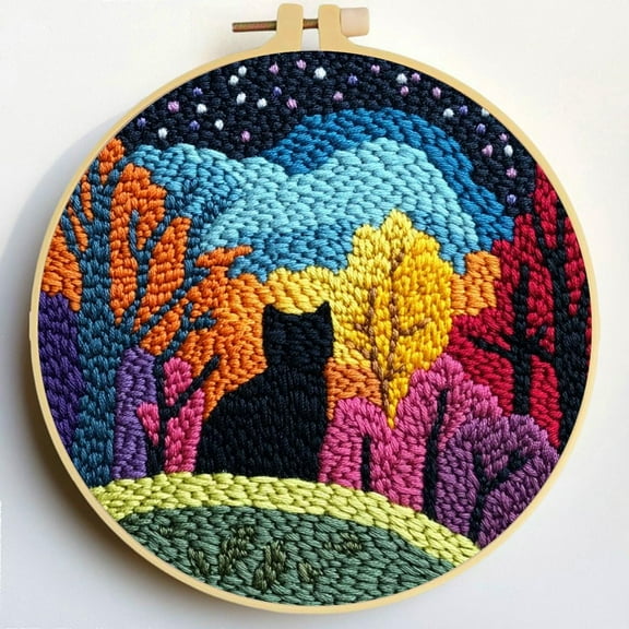 Punch Needle Kits Black Cat under Night Sky DIY Embroidery Starter Set with Hoop Easy for Beginners Stress Relief Handmade Craft Hobby and Home Decor 20x20cm-6