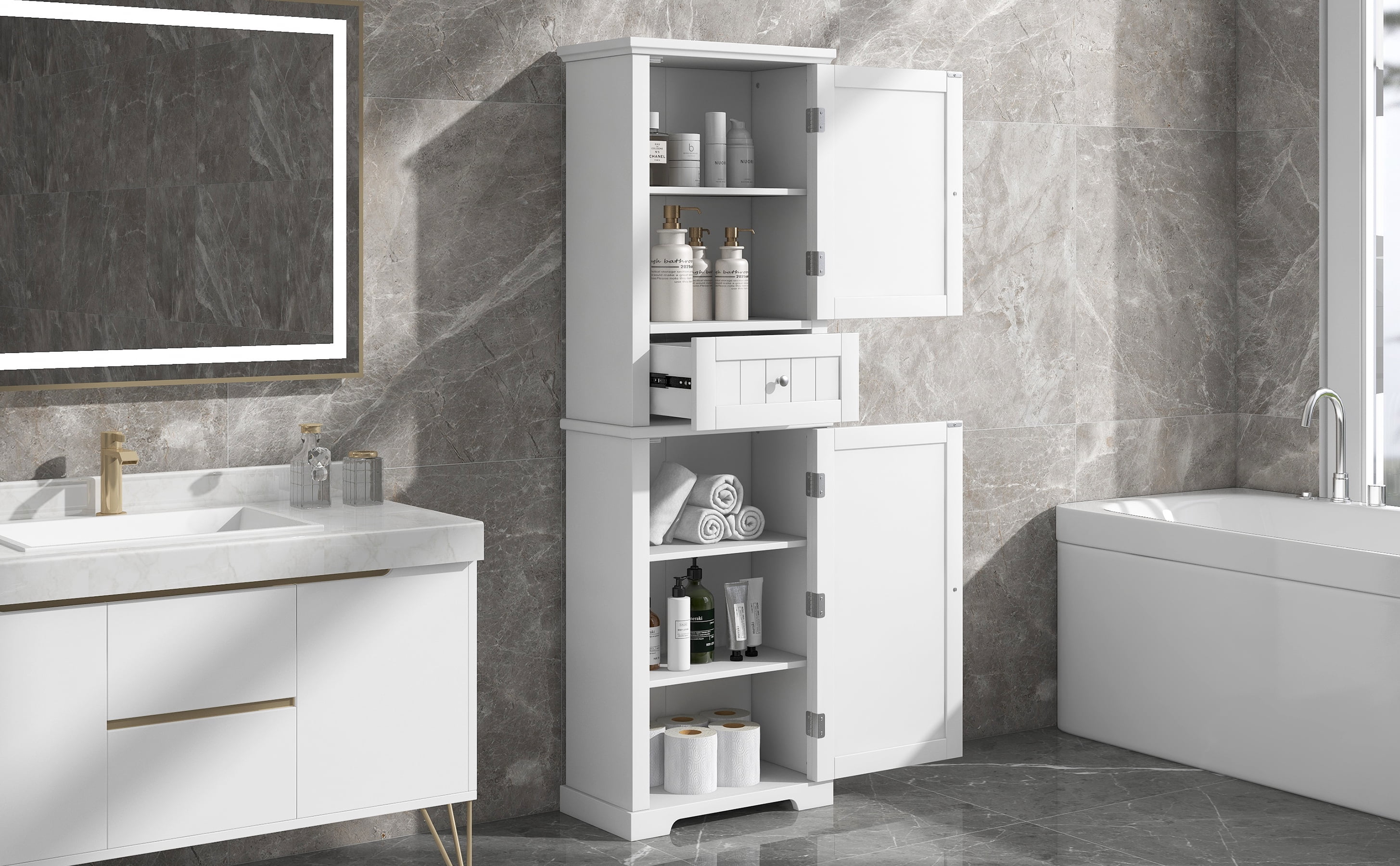Euroco Tall Bathroom Storage Cabinet, Freestanding Storage Cabinet with Drawer and Adjustable Shelf, MDF Board with Painted Finish, White