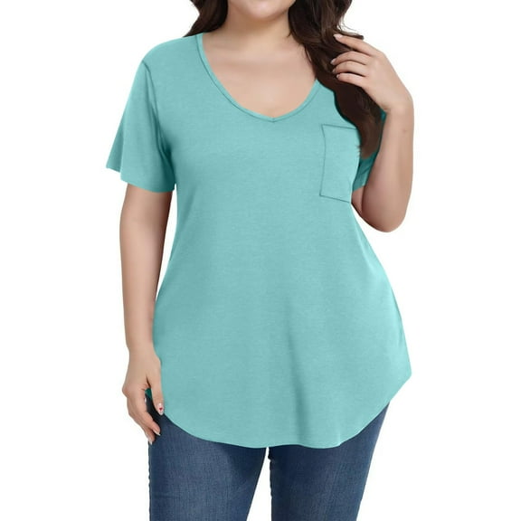 Mlqidk Plus Size Tunic Tops for Women Summer 4x Plus Tops Crew Neck Womens Short Sleeve Tops Solid Color Dressy Casual Tunics Loose Fit Clothes for Women Light Blue 2XL