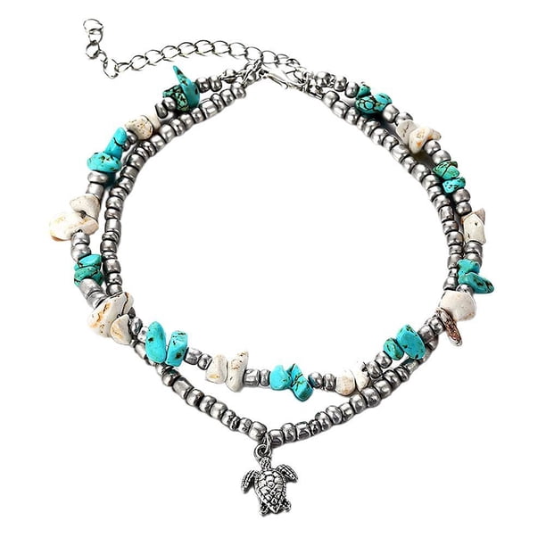 Tobillera De Tortuga Con Estrella De Mar Azul, Abalorios De Doble Capa, Tobillera Bohemia Hecha A Mano En El Mar, Joyería Para Pie Para Mujer Y Niña Cateissary AP006889-02
