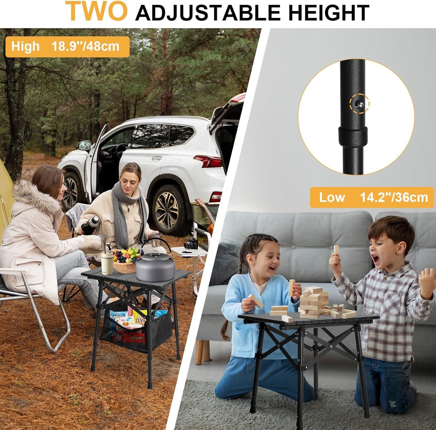 Folding Camping Table, Small Outdoor Table with Storage Bag, Adjustable Height 14.2" & 18.9", Portable Lightweight Aluminum Foldable Side Table for Picnic, BBQ, Beach & Tailgating