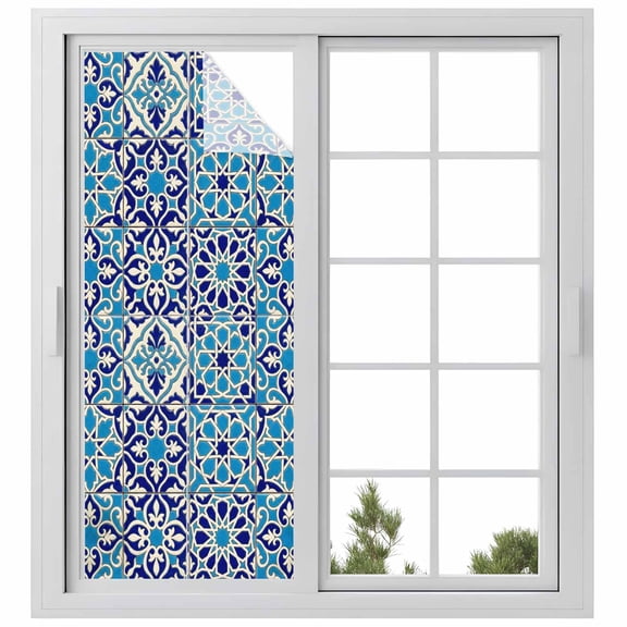 Vintage Morocco Window Privacy Film, Traditional Tribal Abstract Geometric Blue Static Cling UV Sun Blocking Heat Control Window Tint Day and Night, Non-Adhesive One Way Privacy Cover 23.6''x59''