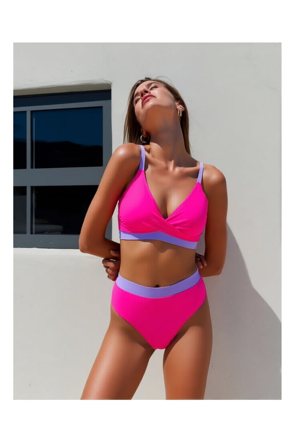 Bikini Set Women's Rose Red & Pink Color Block - High Waisted Two Piece Swimsuit Backless Bathing Suit for Beach, Pool, Spring Break, Summer Vacation