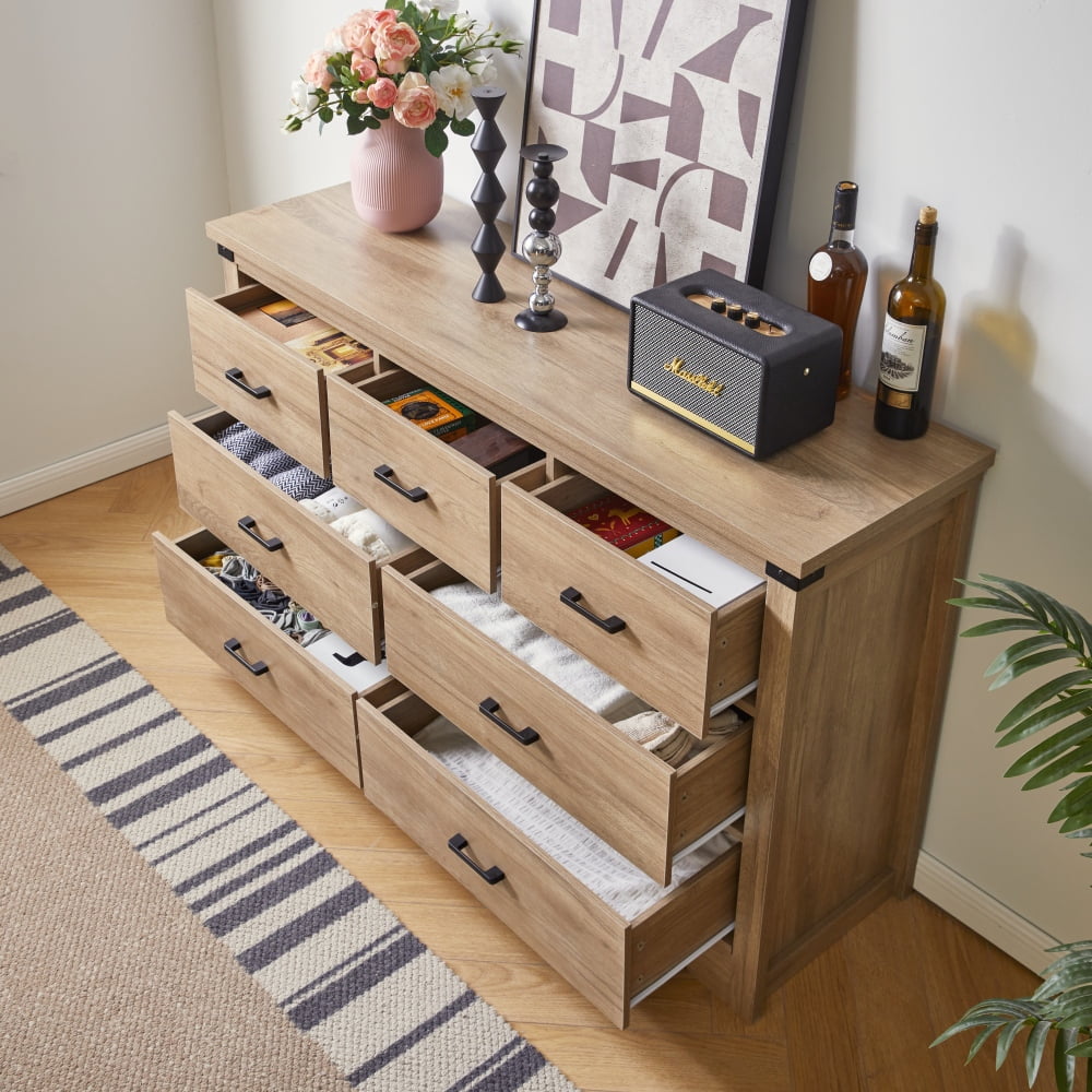 ABOURT Rustic Oak 7 Drawer Dresser for Bedroom, Farmhouse Wood Chest of Drawers with Metal Handles and Thickened Top for Closet and Living Room
