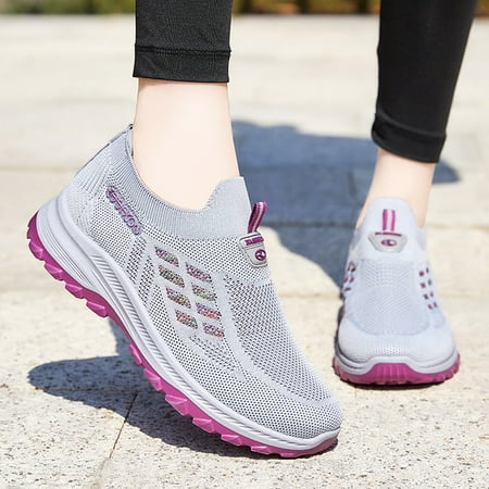 

Fashion Autumn Women Sports Shoes Flat Non Slip Slip On Fly Woven Mesh Breathable Solid Color Simple
