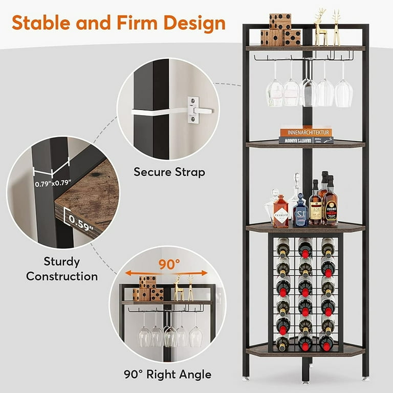 Tribesigns Corner Wine Rack with Glass Holder and Storage Shelf 4 Tier Corner Bar Freestanding Floor Wine Rackfor Living Room Dining Room Kitchen