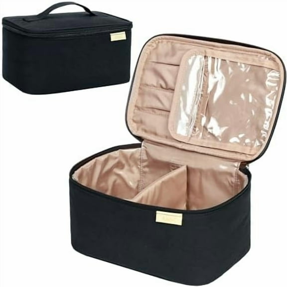 Travel Makeup Bag Women,  Organizer Case, Portable Essentials Case for Travel-Size Accessories Bottles, Brushes, and  Care Products, Black