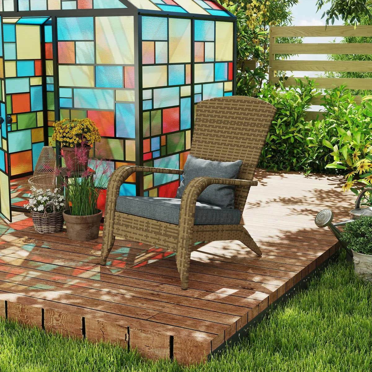 Spaco Patio Adirondack Chair with Rattan Wicker, Rattan Chair with Soft Cushions and Tall Curved Backrest for Outdoor, Charcoal Gray