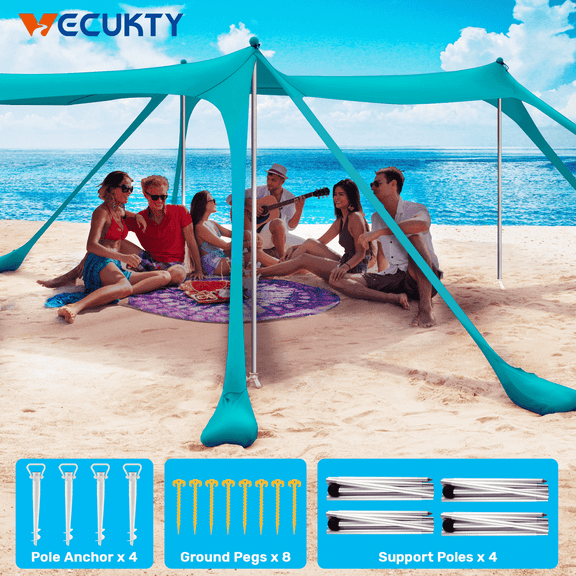 VECUKTY Beach Tent Sun Shelter 10 x 10FT with 8 Sandbags, UPF 50  Protection Beach Shade Canopy, Outdoor Pop Up Shade Tent Turquoise