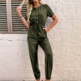thumbnail image 5 of QUYUON Jogger Jumpsuits for Women Summer Button up Short Sleeve Crew Neck Jumpsuits Rompers with Pockets Tie Elastic Waist Solid Color Casual Loose Long Jumpsuits Playsuit Style J-415, Army Green S, 5 of 5
