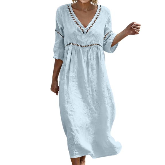 ROHUUQUE Summer Dress For Women 3/4 Sleeve V Neck Cotton Loose Casual Flowy Maxi Dress Beach Vacation Light Blue