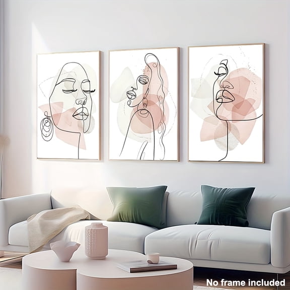 2D Flat, [2D Flat] 3pcs, 2D Frameless Canvas Art, Three-Piece Living Room Decorative Paintings, 3pcs Abstract Fashion Wall Art in Ivory Cream and Blush Pink Line Art Prints, Minimalist Line Art, 2D