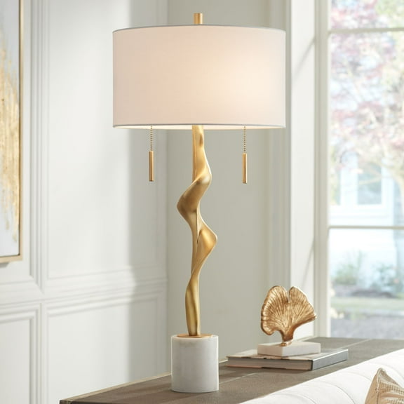 Possini Euro Design Montrose 31 3/4" Tall Sculpture Large Modern End Table Lamp Pull Chain Gold Finish Marble Single Living Room